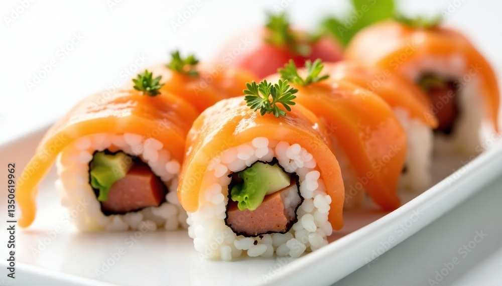 Close-up of assorted sushi on white background, ginger, lunch Close-up of assorted sushi on white background, ginger, lunch