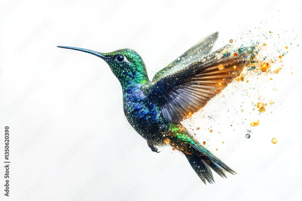 Obraz premium A vibrant hummingbird in flight, its iridescent feathers dissolving into sparkling dust.