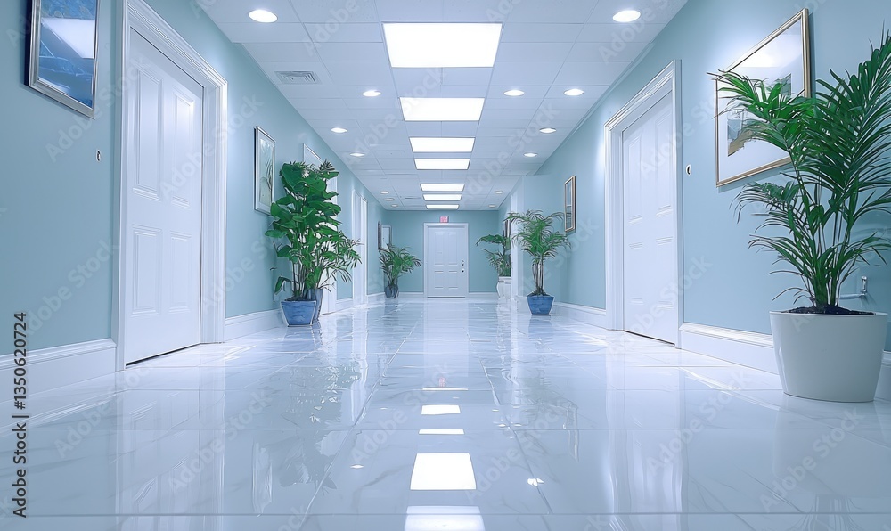 A bright, clean hallway with potted plants and polished floors. A bright, clean hallway with potted plants and polished floors.