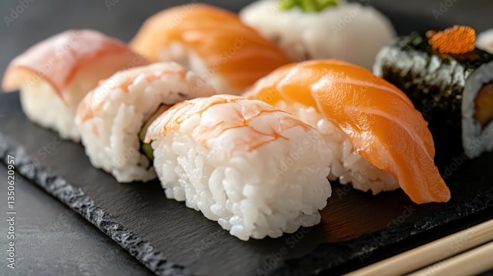 Closeup of Assorted Sushi on Dark Slate with Chopsticks Closeup of Assorted Sushi on Dark Slate with Chopsticks