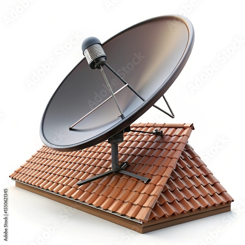 A satellite dish installed on the roof to connect the TV to allow viewing items. Isolated on white background.