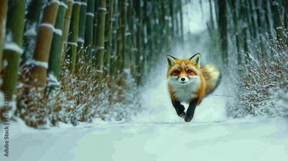 Obraz premium Fox Running Through Snowy Bamboo Forest in Winter Landscape with Majestic Scenery