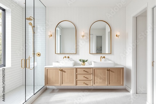 Modern bathroom interior with double vanity, gold fixtures, and glass shower.