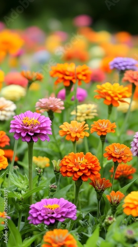 Vibrant Zinnia Flower Meadow Blooming in Summer