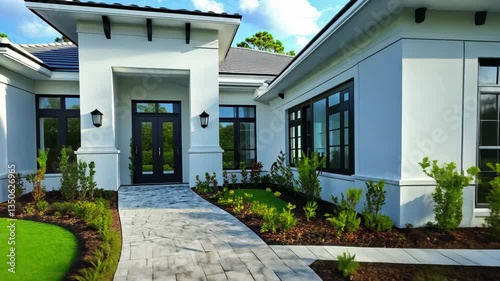 Wallpaper Mural Modern home entrance with beautiful landscaping and clear blue sky in a peaceful neighborhood Torontodigital.ca