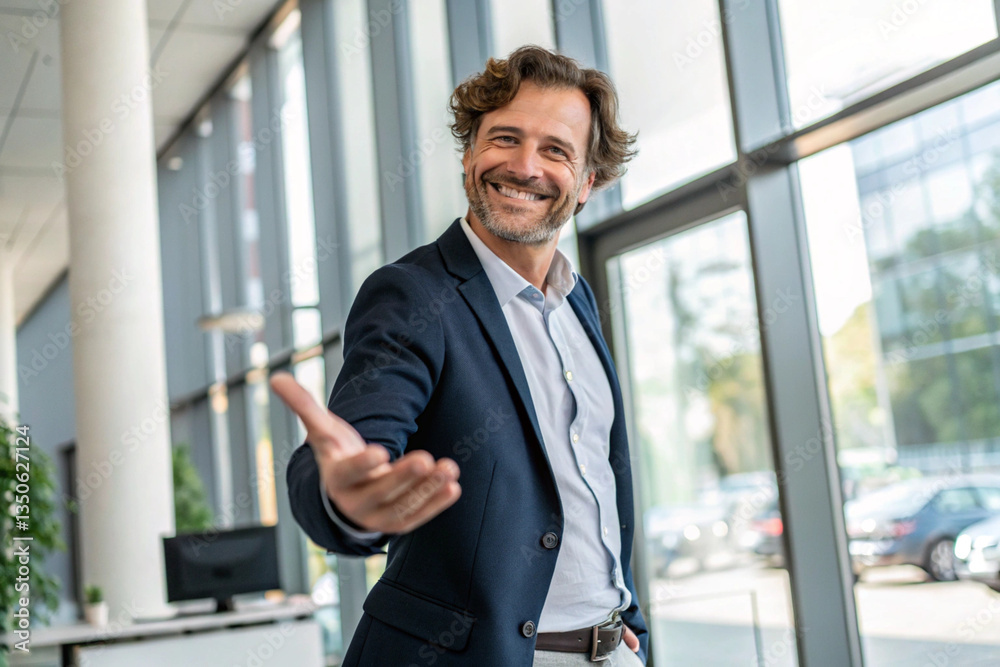 Fototapeta premium A smiling businessman holds out his hand for a handshake. Good impression. Cleanliness.