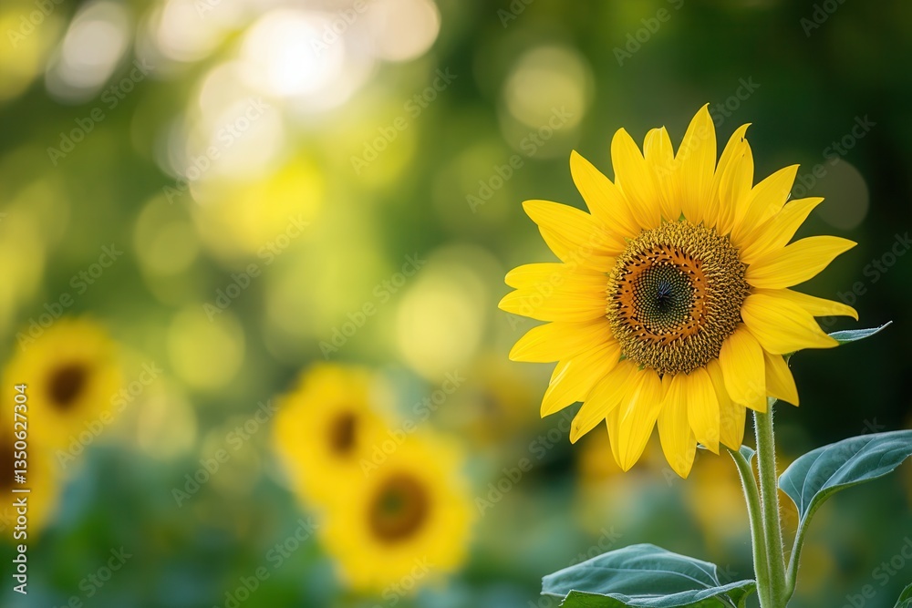 Fototapeta premium Bright sunflower basking in sunlight against a vibrant bokeh background.