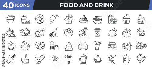 Food and drink icons set. Web line icons collection related cake, beverage, restaurant, fast food. Editable stroke. Perfect pixel vector illustration isolated on white background.