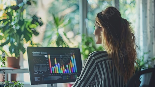Woman Analyzing Data for Home Office, Plants.
