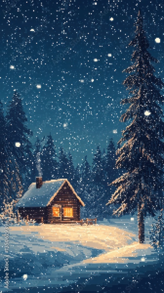 A small cozy house in a snowy winter forest landscape A small cozy house in a snowy winter forest landscape