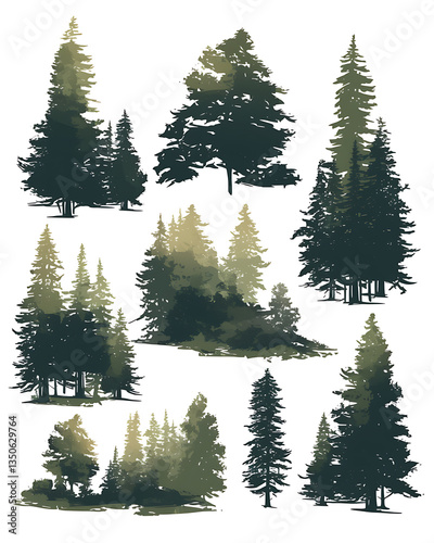 .Illustration of trees, leaves, grass and various botanical elements on a white background.