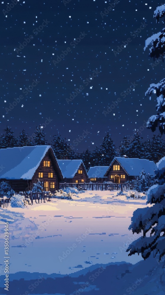 Fototapeta premium A pixelated painting of a winter scene with snowy cabins