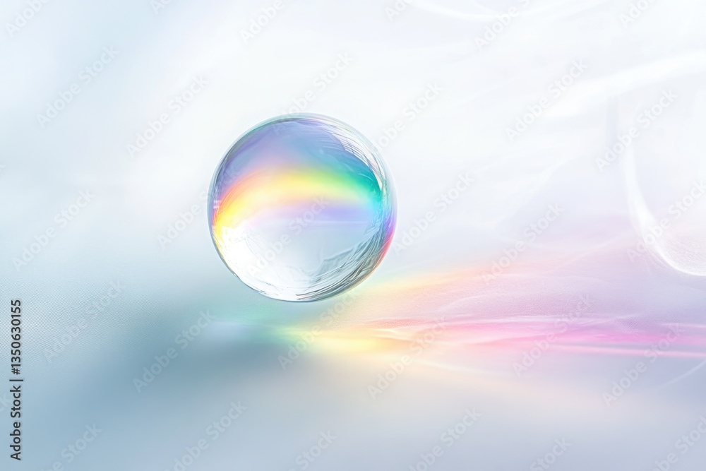 A translucent sphere reflects a vibrant rainbow, resting on a soft, pastel background. A translucent sphere reflects a vibrant rainbow, resting on a soft, pastel background.