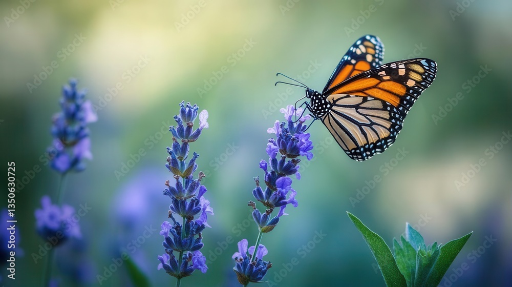 Naklejka premium Monarch Butterfly Delicately Resting on Lavender Flowers in a Vibrant Garden Setting