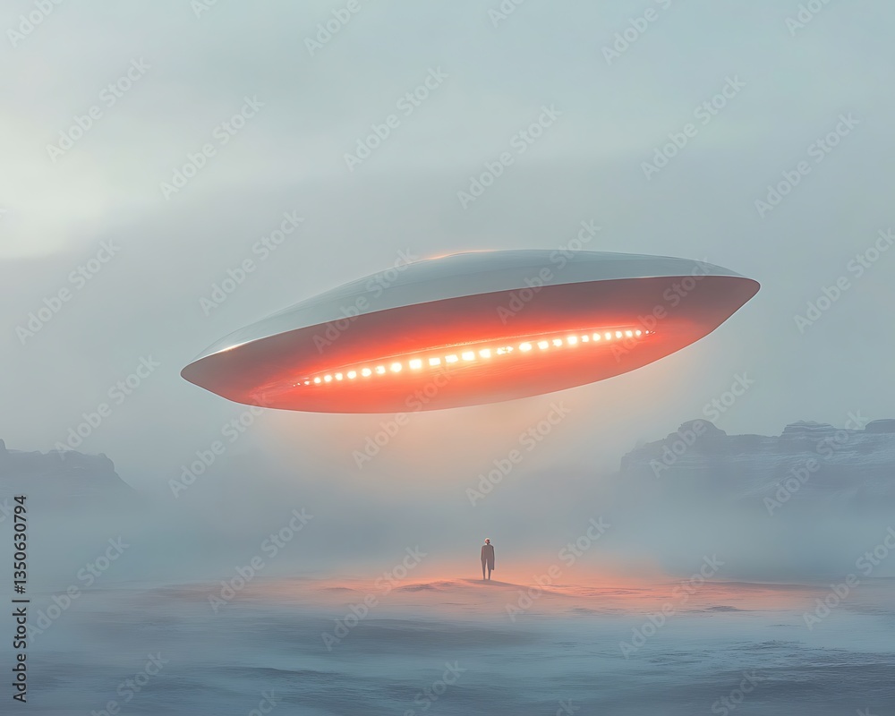 Fototapeta premium UFO over desert with lone figure.