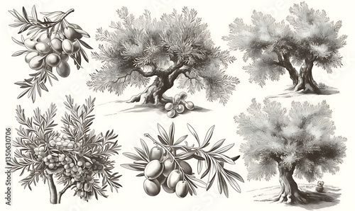 Wallpaper Mural .Illustration of trees, leaves, grass and various botanical elements on a white background. Torontodigital.ca
