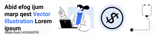 Woman pointing at screen with laptop on desk, dollar sign in circle, and medical IV bag tube. Ideal for healthcare, finance, innovation, funding, education, wellness simple landing page