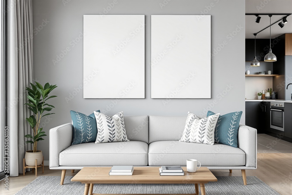 Fototapeta premium Modern living room with blank canvas frames above a stylish sofa.