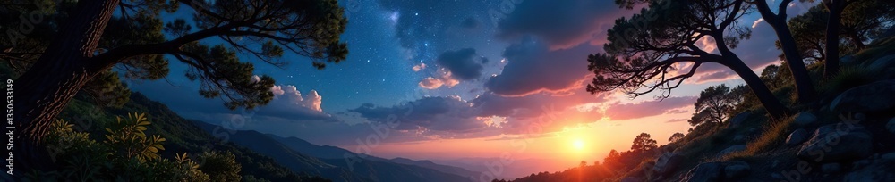 Fototapeta premium Starry night sky with golden rays filtering through trees, branches, ambiance