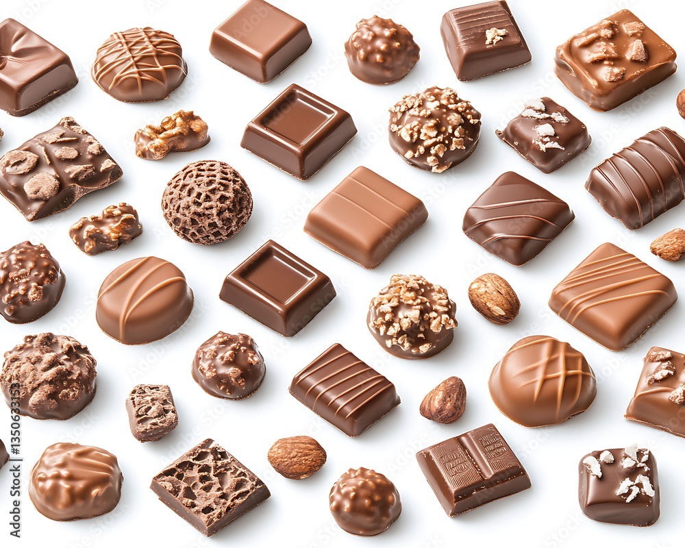 Assorted chocolates and nuts arranged on a bright white background Assorted chocolates and nuts arranged on a bright white background