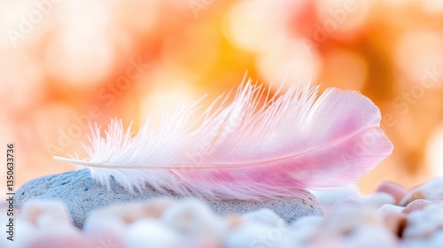 Delicate pink feather resting on smooth stones.  Soft, gentle, natural light