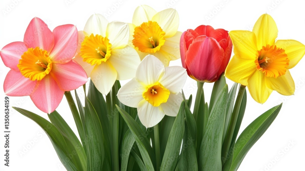 Colorful Daffodils and Tulips on White Background Colorful Daffodils and Tulips on White Background