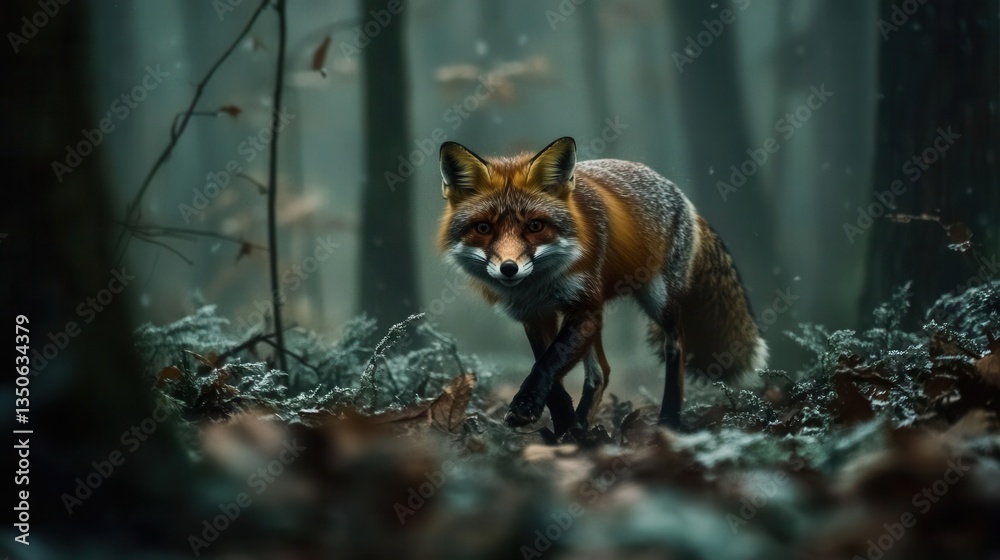 Fototapeta premium Red Fox Walking Through Misty Forest Surrounded by Green Foliage and Brown Leaves