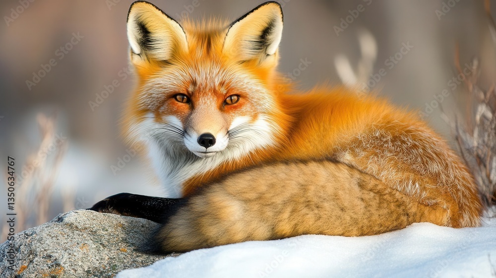 Obraz premium Red Fox Relaxing in Snowy Landscape with Graceful Posture and Intense Gaze