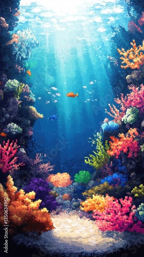 Colorful underwater scene with bright coral reefs and fishes swimming