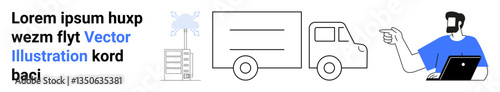 Man with a laptop gesturing toward a parked delivery truck and a warehouse building. Ideal for logistics, shipping, delivery, inventory management, warehousing, business operations, flat landing page