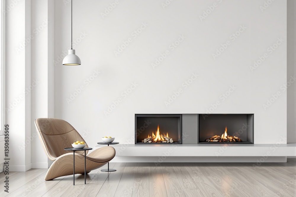 Naklejka premium Modern minimalist living room with fireplace and wooden chair.