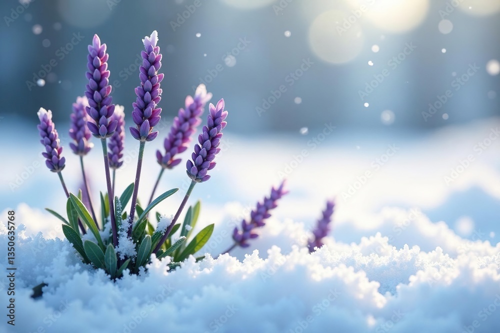Naklejka premium Sprigs of lavender amidst snowflakes on white, frosty landscape, gentle hues, flowers