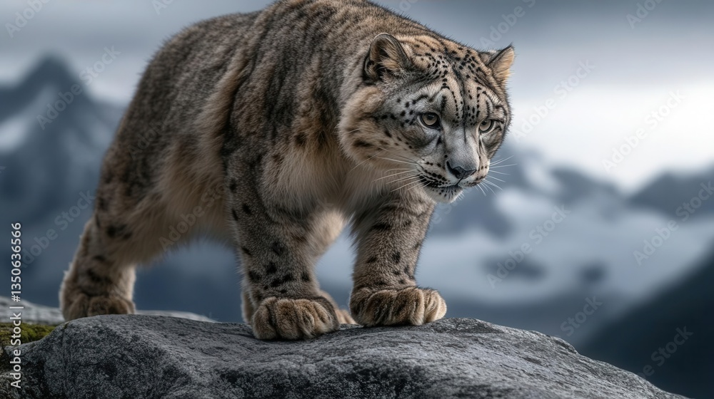 Obraz premium Snow Leopard Stalking Prey on Rocky Outcrop Against Dramatic Mountain Landscape in Cold Environment