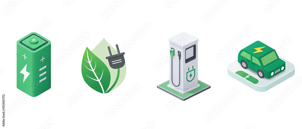 Icons representing sustainable energy include battery, green leaf with shopping basket, electric charging station, and electric car. These symbols emphasize eco friendly technology Icons representing sustainable energy include battery, green leaf with shopping basket, electric charging station, and electric car. These symbols emphasize eco friendly technology