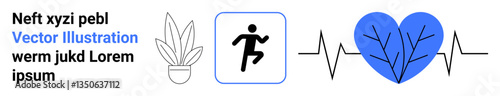 Athlete icon representing movement, blue heart with pulse line symbolizing health, plant graphic reflecting nature. Ideal for fitness, wellness, health, sustainability, sports, vitality flat landing