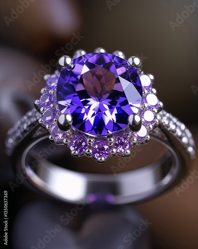 Close up of solitaire ring with dazzling purple tanzanite gemstone