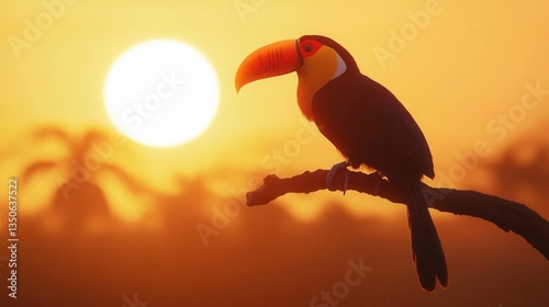 Silhouette of a Toucan Perched on a Branch Against a Vibrant Sunset in a Tropical Landscape