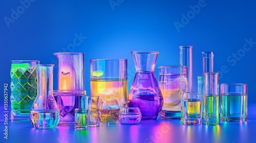 Organized Collection of Glass Beakers and Test Tubes with Colored Liquids on Blue Background (High-Resolution Scientific Photography)