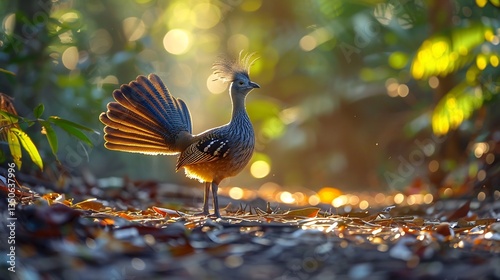 Superb lyrebird standing the forest floor elegant long tail feathers fanned out warm sunlight filtering through dense trees ultra detailed focus