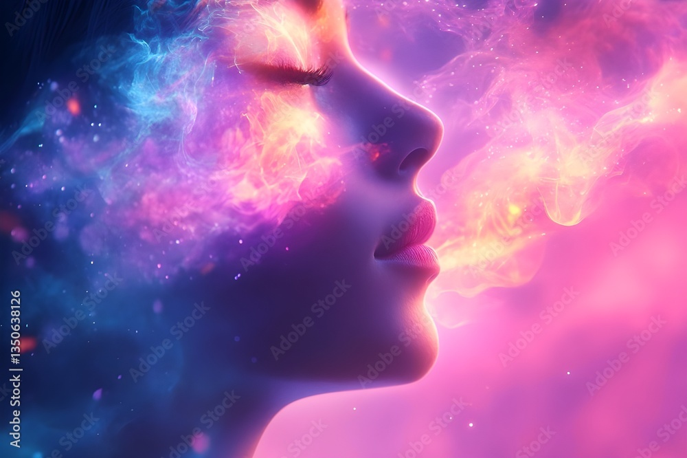 woman surrounded by a translucent, colorful aura, symbolizing the impact of breathwork and mindfulness on her mental health, Mental Health Concept woman surrounded by a translucent, colorful aura, symbolizing the impact of breathwork and mindfulness on her mental health, Mental Health Concept