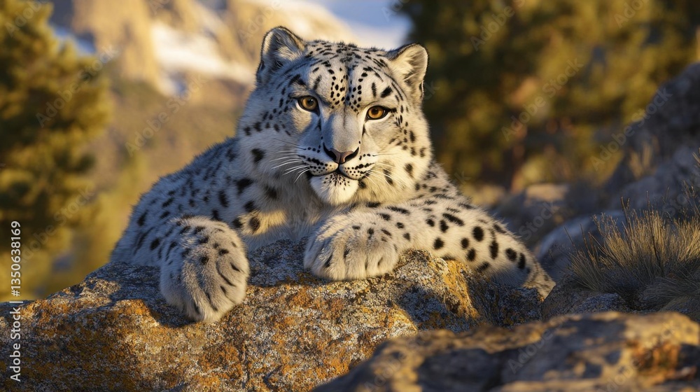 Obraz premium Snow Leopard Resting on Rock in Serene Mountain Environment with Forest Background