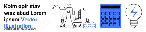 Factory emitting smoke, calculator, and light bulb emphasizing energy, technology, and industrial development. Ideal for energy production, technology, industrial concepts, innovation utility