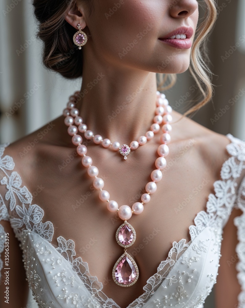 Elegant bridal pearl and pink morganite gemstone necklace Elegant bridal pearl and pink morganite gemstone necklace