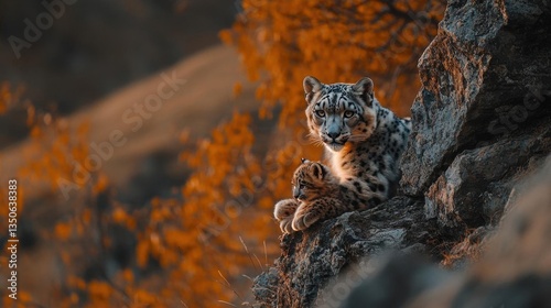 Snow Leopard Resting on Rocky Outcrop Surrounded by Autumn Foliage in Natural Habitat