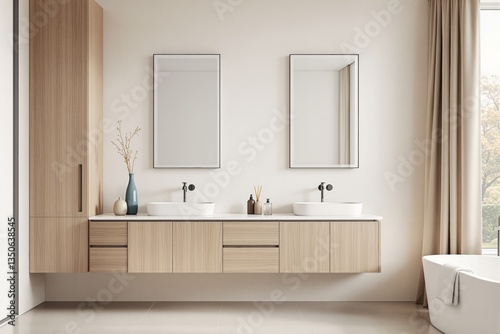 Modern bathroom interior with wooden floating vanity, double sinks, mirrors, and elegant decor in neutral tones. photo