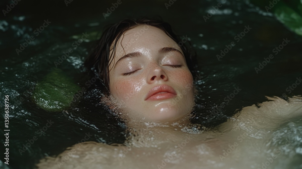 Fototapeta premium Woman floating in water, serene expression. Close-up, natural light