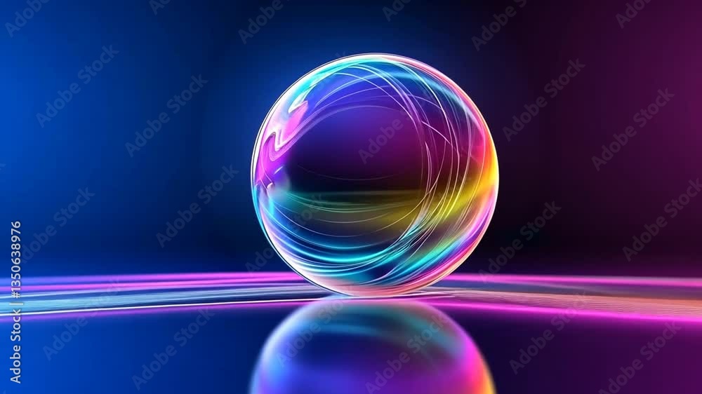Neon Orb on Reflective Surface: A Vibrant Digital Artwork