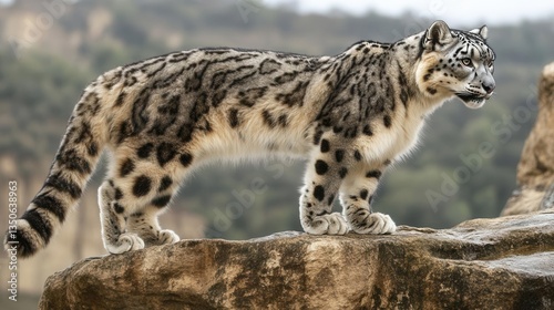 Snow Leopard Standing on Rocky Outcrop Overlooking Serene Mountain Landscape in Nature