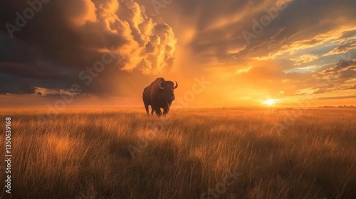 Solitary Bison Standing in a Golden Grassland at Sunset with Dramatic Cloudscape in the Background