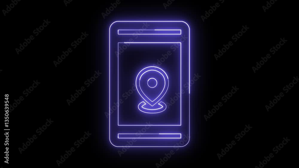 Cell phone icon and location pin, animated and neon light Cell phone icon and location pin, animated and neon light